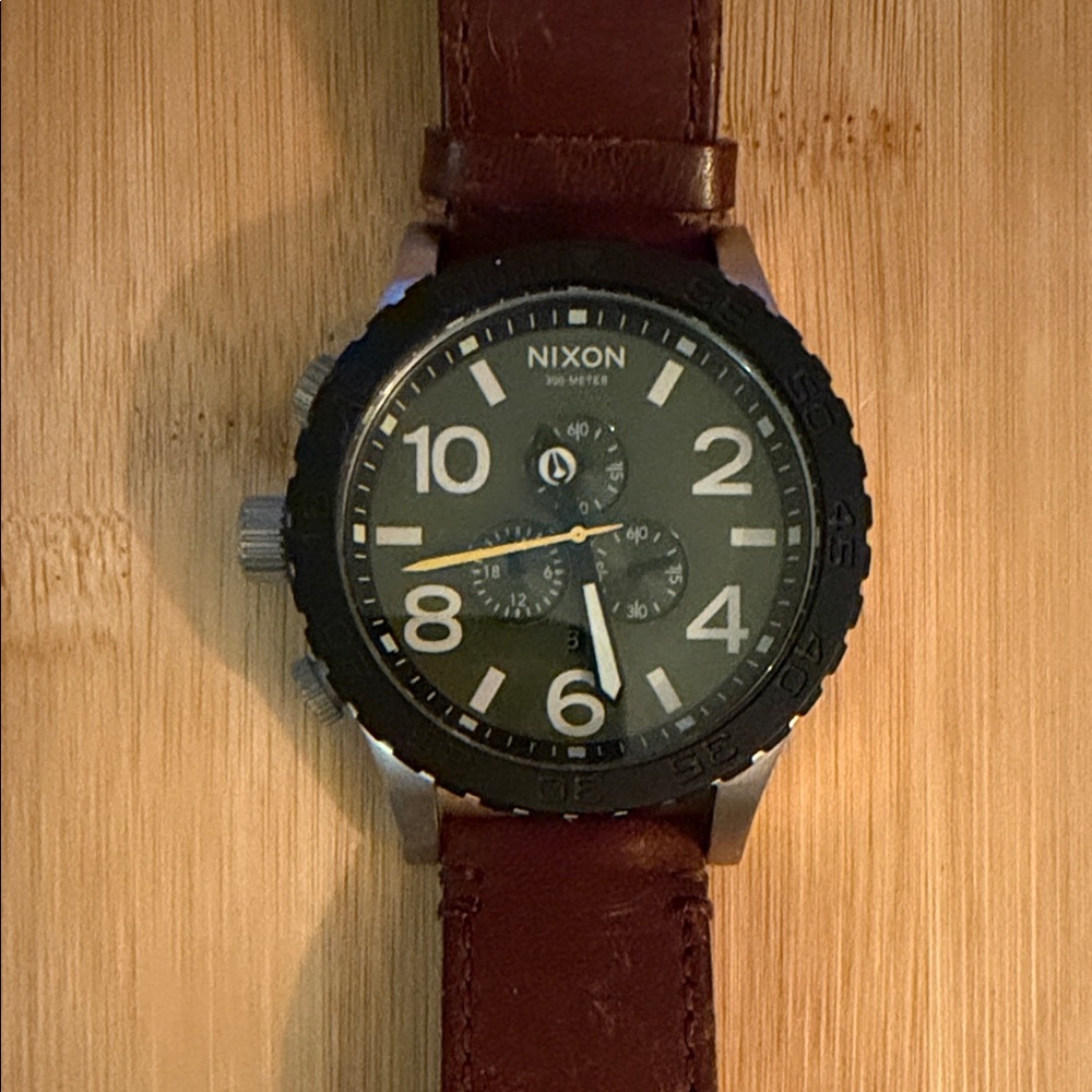 Nixon Chronograph Watch - Olive Green Dial, Brown Leather Strap